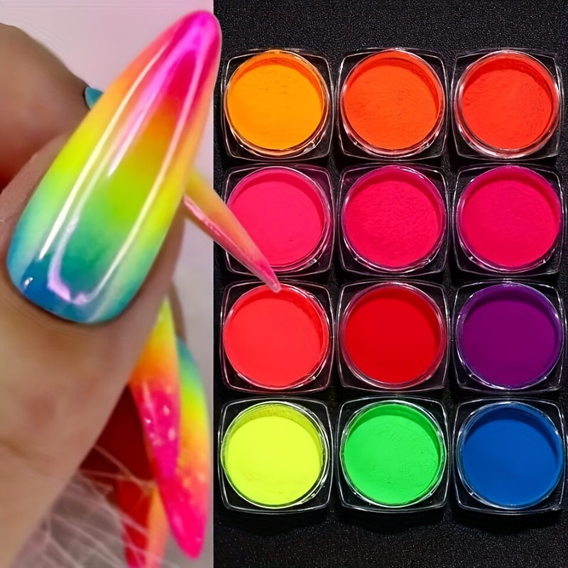 12 Colors Neon Fluorescent Powder Fluorescent Nail Glitter Set Shiny Dark Chrome Powder DIY Gel Polishing Nail Art Decoration